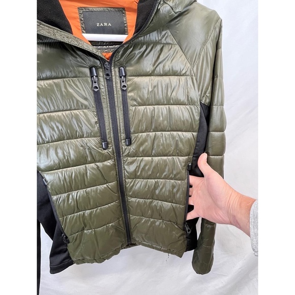 Zara‎ Women's Green Black Hooded Quilted Chest/Hip Pockets Puffer Jacket Large - Picture 6 of 11